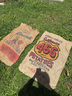 Vintage burlap potato sack. Dean Kincaid Potatoes/ California-based "466"